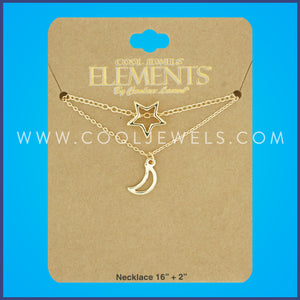 GOLD DOUBLE LAYERED CHAIN NECKLACE WITH MOON & STAR PENDANTS - CARDED