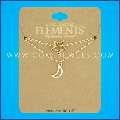 GOLD DOUBLE LAYERED CHAIN NECKLACE WITH MOON & STAR PENDANTS - CARDED