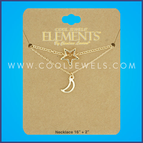 GOLD DOUBLE LAYERED CHAIN NECKLACE WITH MOON & STAR PENDANTS - CARDED