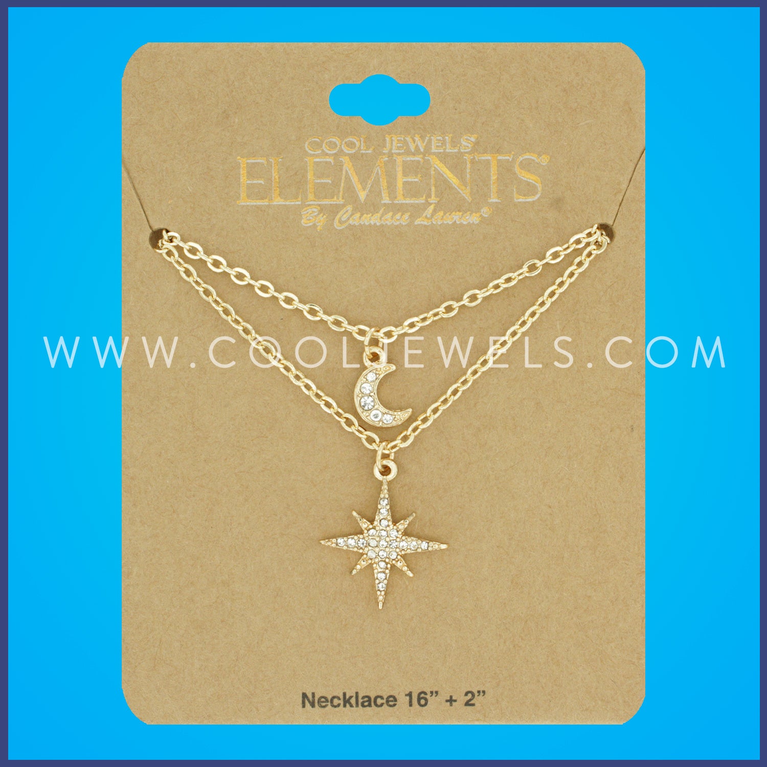 GOLD DOUBLE LAYERED CHAIN NECKLACE WITH RHINESTONE MOON & 8-POINT STAR PENDANT - CARDED