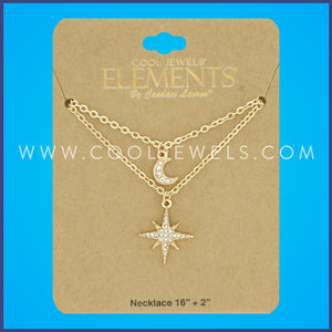 GOLD DOUBLE LAYERED CHAIN NECKLACE WITH RHINESTONE MOON & 8-POINT STAR PENDANT - CARDED