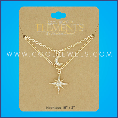 GOLD DOUBLE LAYERED CHAIN NECKLACE WITH RHINESTONE MOON & 8-POINT STAR PENDANT - CARDED