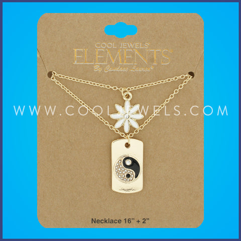 (SET OF 2) GOLD CHAIN NECKLACE WITH YIN YANG & FLOWER PENDANTS