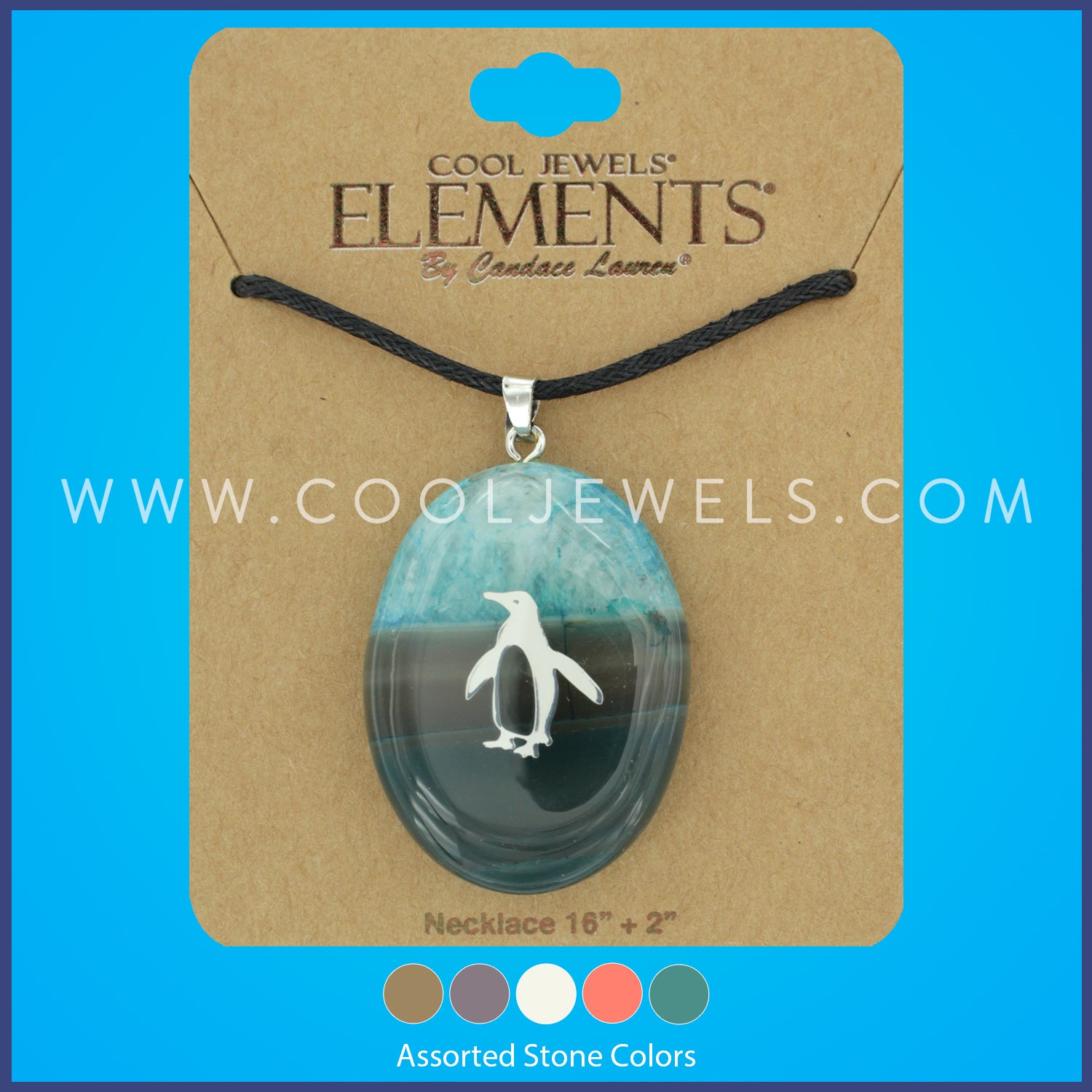 BLACK CORD NECKLACE WITH AGATE STONE & PENGUIN PENDANT CARDED - ASSORTED
