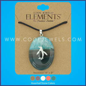 BLACK CORD NECKLACE WITH AGATE STONE & PENGUIN PENDANT CARDED - ASSORTED
