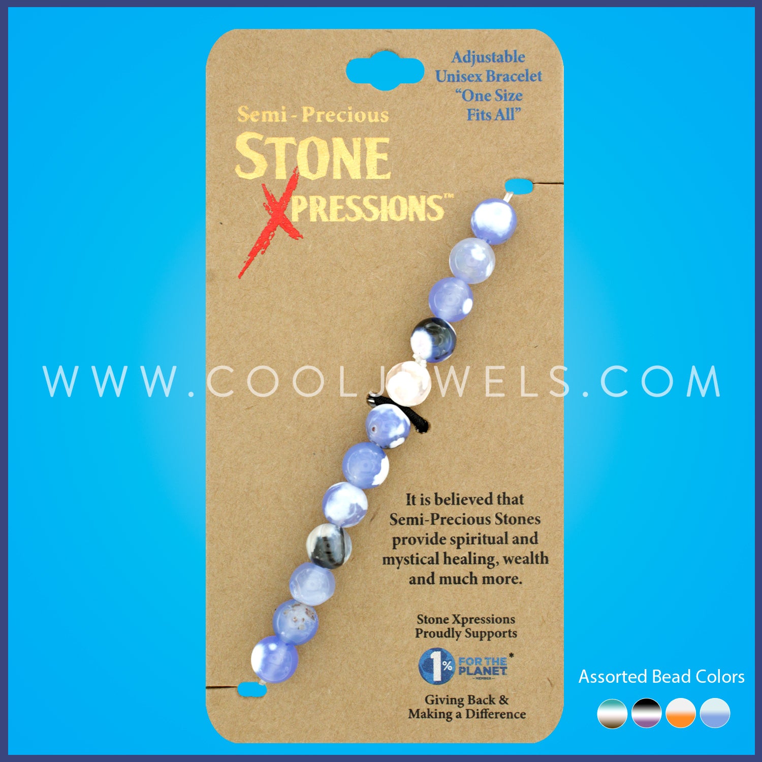 ELASTIC STRETCH BRACELET WITH AGATE BEADS ASSORTED - CARDED