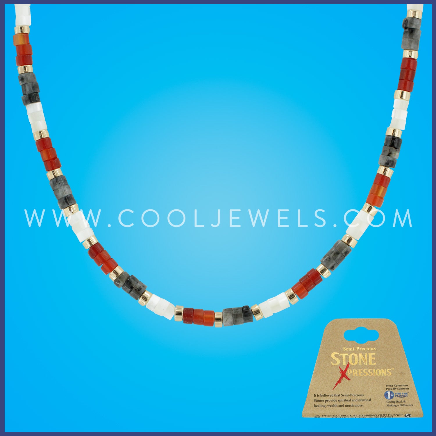 LINK CHAIN NECKLACE WITH STONE SLICES ASSORTED - CARDED