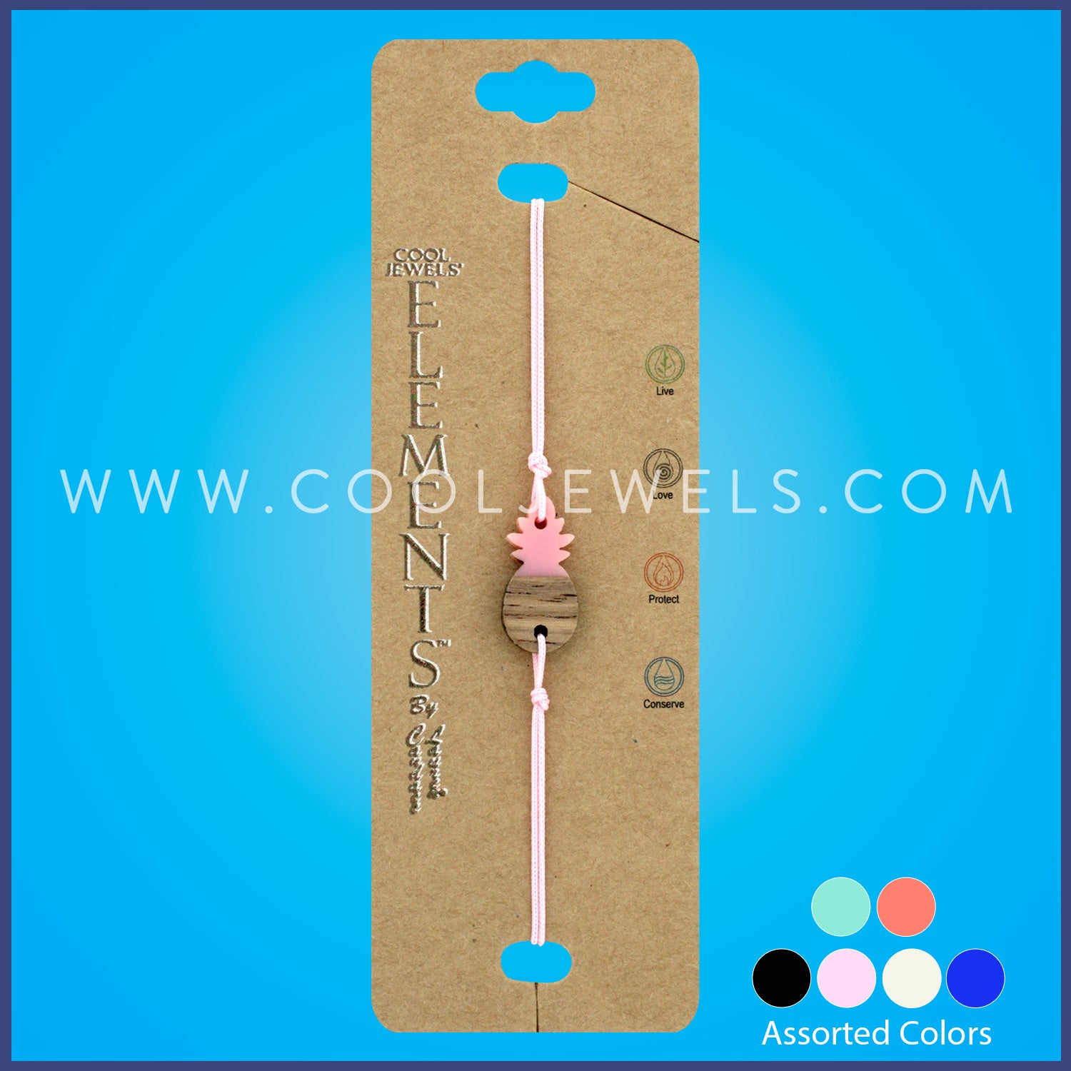 COLOR CORD BRACELET WITH ACRYLIC & WOOD PINEAPPLE CARDED - ASSORTED