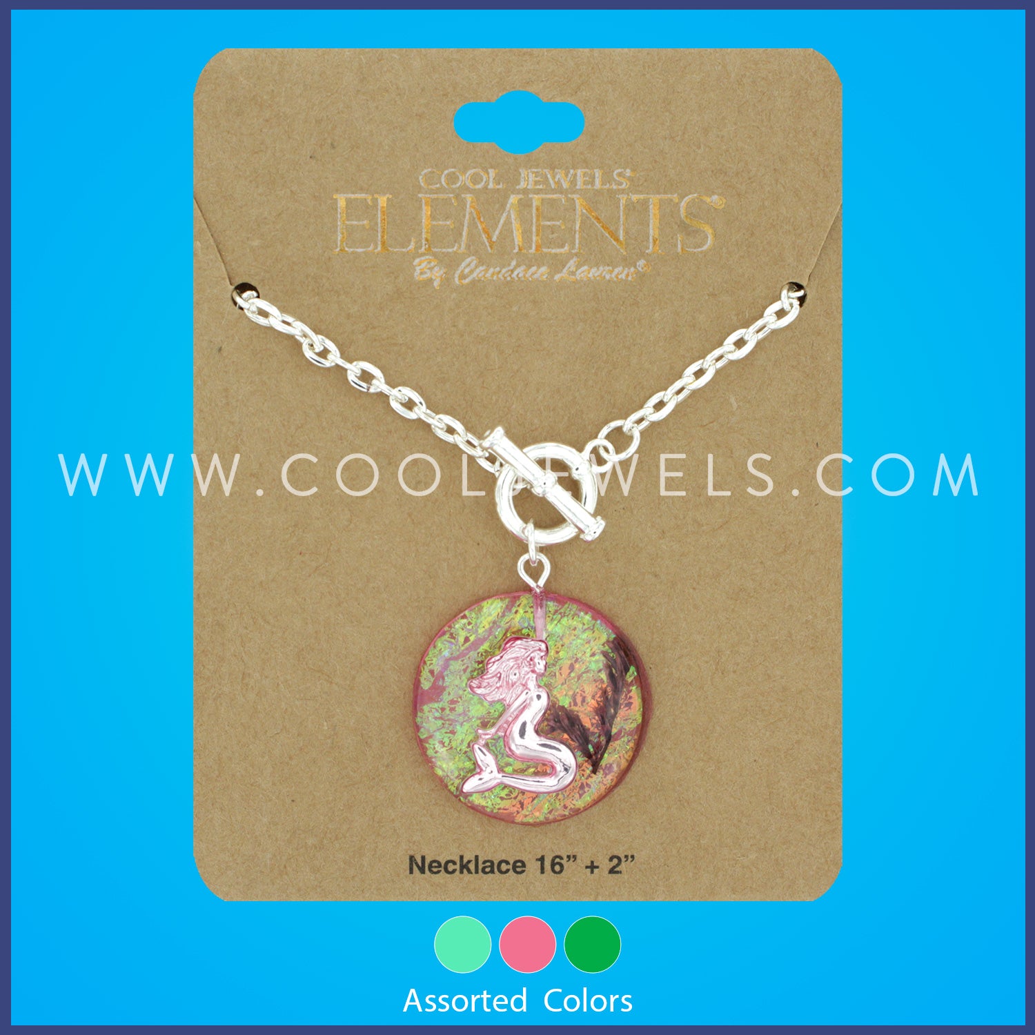 LINK CHAIN NECKLACE WITH ROUND IRIDESCENT MERMAID PENDANT ASSORTED - CARDED