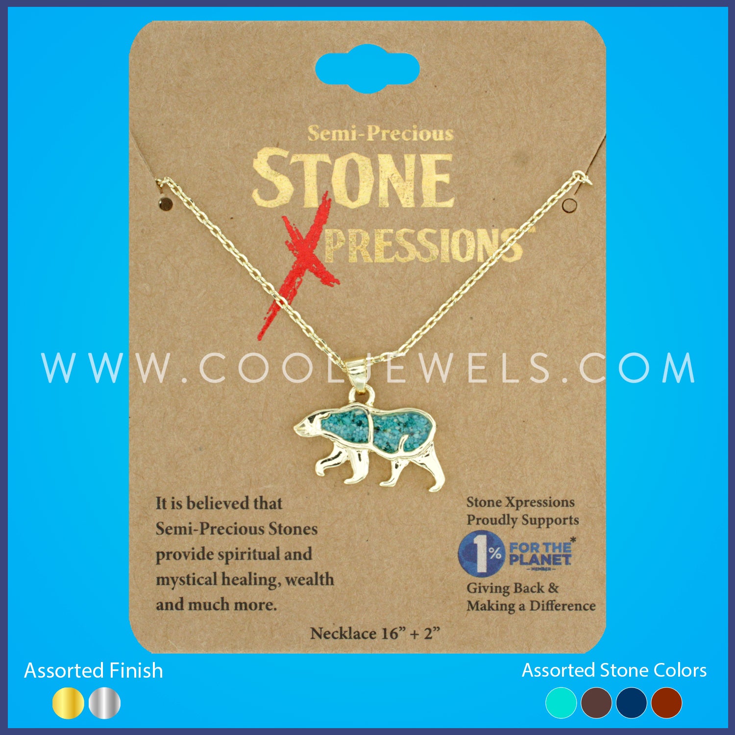 LINK CHAIN NECKLACE WITH CRUSHED STONE BEAR PENDANT ASSORTED - CARDED