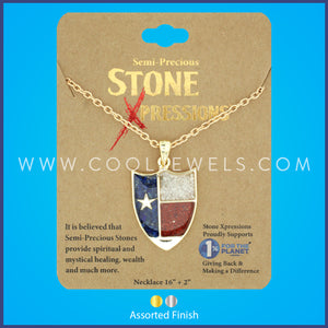 STONE X - LINK CHAIN NECKLACE WITH CRUSHED STONE TEXAS SHIELD PENDANT - CARDED