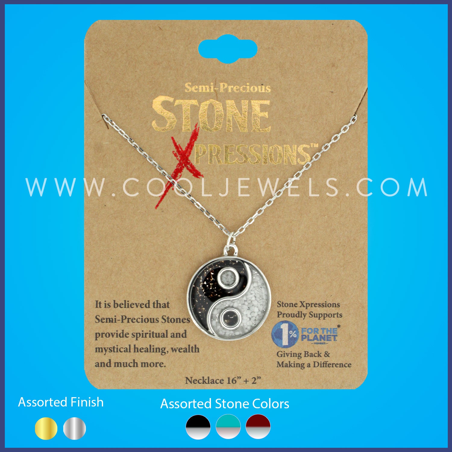 LINK CHAIN NECKLACE WITH CRUSHED STONE YIN YANG ASSORTED - CARDED