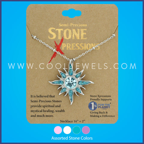 STAINLESS STEEL CHAIN NECKLACE WITH CRUSHED STONE STAINLESS STEEL SUN PENDANT CARDED - ASSORTED