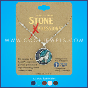 STAINLESS STEEL CHAIN NECKLACE WITH CRUSHED STONE STAINLESS STEEL ROUND PENDANT WITH WOLF CARDED - ASSORTED