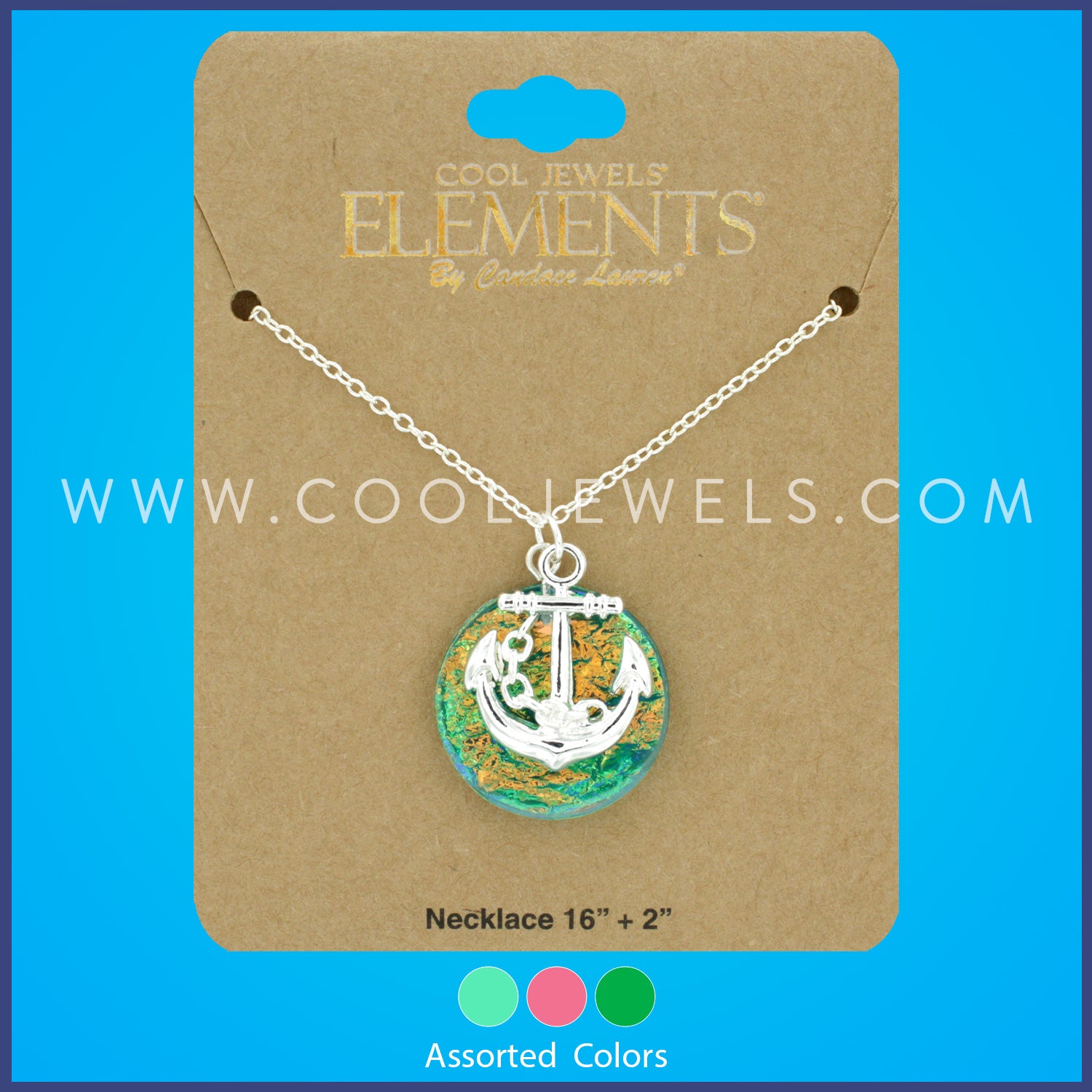 LINK CHAIN NECKLACE WITH ROUND IRIDESCENT ANCHOR PENDANT ASSORTED - CARDED