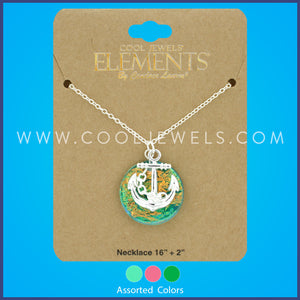 LINK CHAIN NECKLACE WITH ROUND IRIDESCENT ANCHOR PENDANT ASSORTED - CARDED