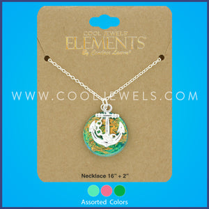 LINK CHAIN NECKLACE WITH ROUND IRIDESCENT ANCHOR PENDANT ASSORTED - CARDED