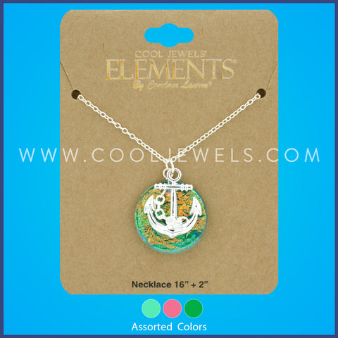 LINK CHAIN NECKLACE WITH ROUND IRIDESCENT ANCHOR PENDANT ASSORTED - CARDED