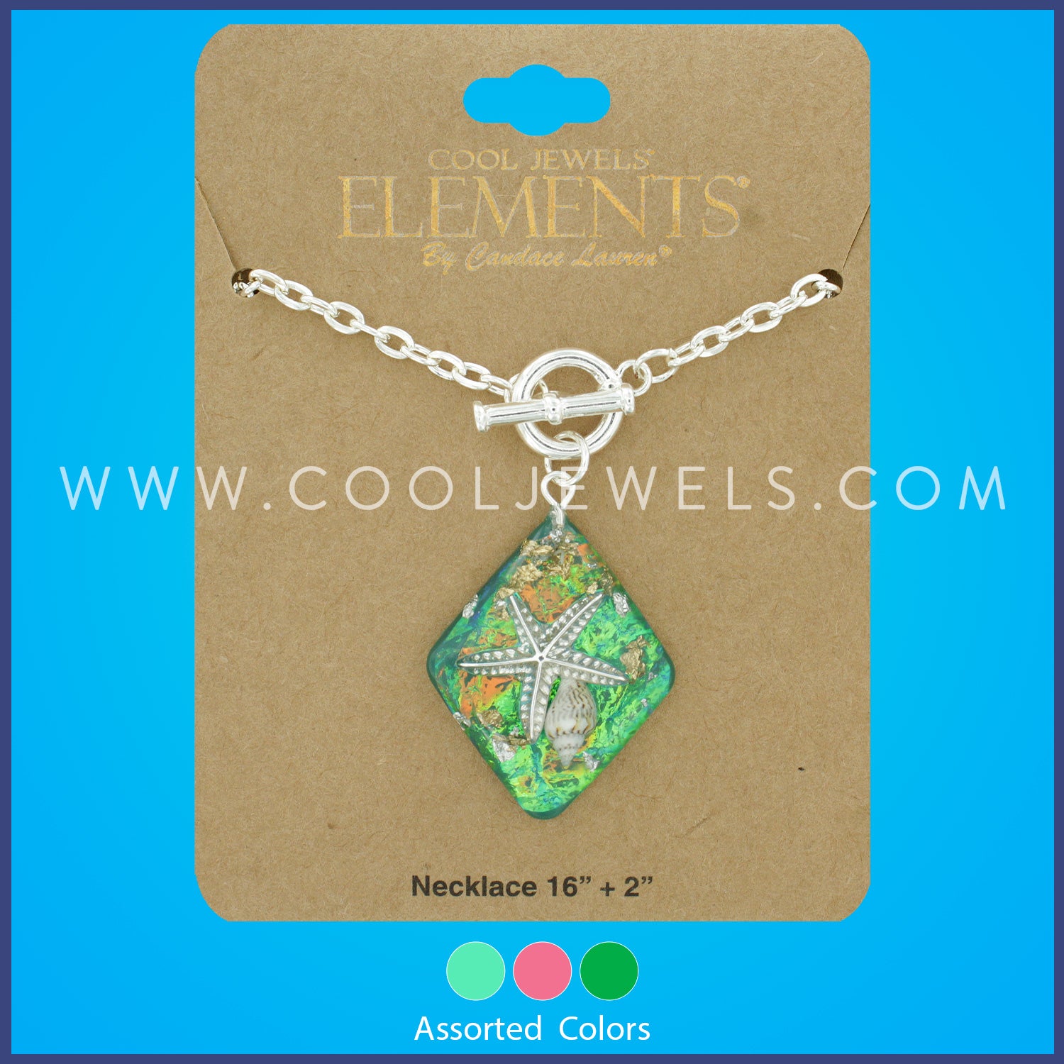 LINK CHAIN NECKLACE WITH DIAMOND SHAPED IRIDESCENT STARFISH PENDANT WITH T-BAR ASSOTED - CARDED