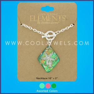 LINK CHAIN NECKLACE WITH DIAMOND SHAPED IRIDESCENT STARFISH PENDANT WITH T-BAR ASSOTED - CARDED
