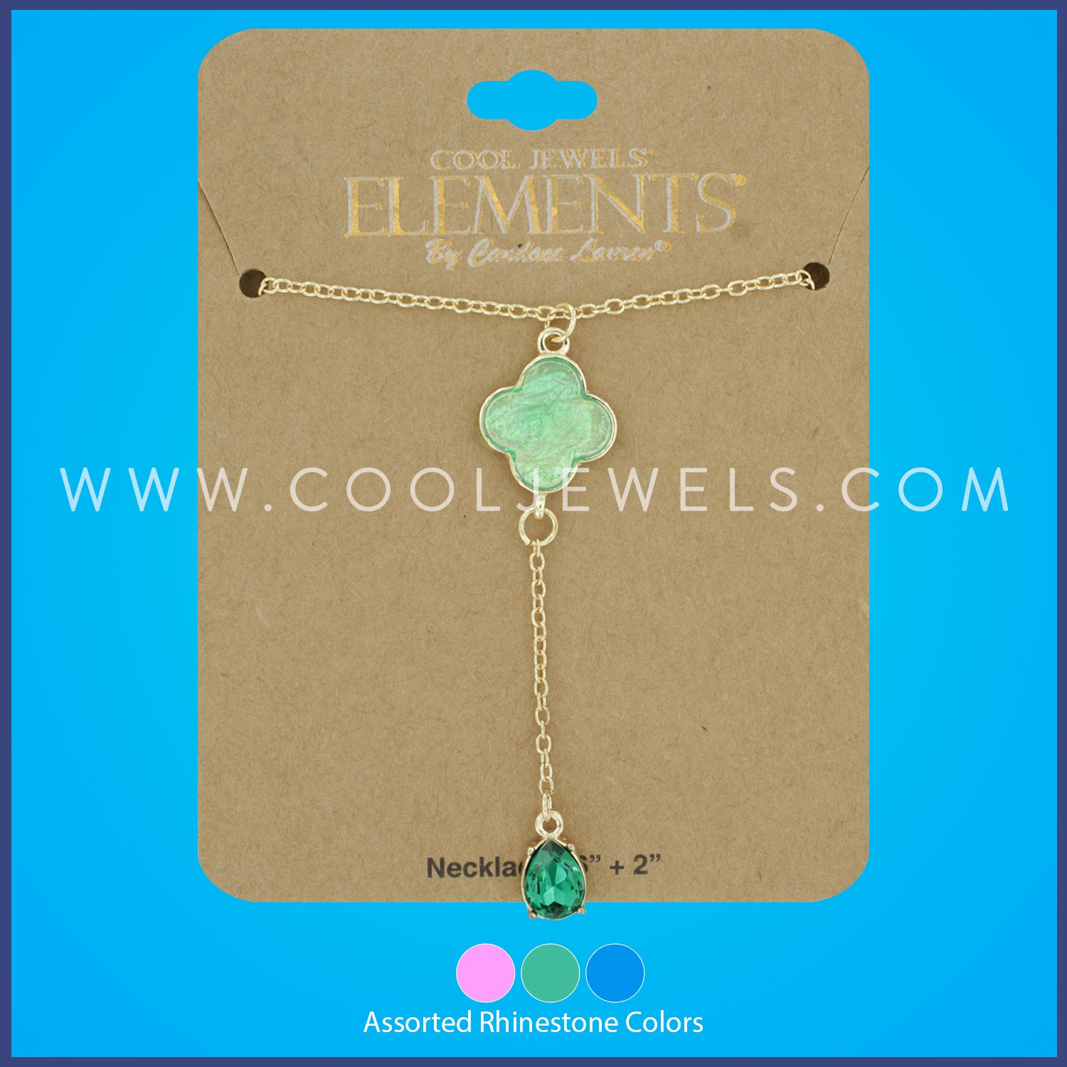 LINK CHAIN NECKLACE WITH IRIDESCENT CLOVER AND TEAR DROP RHINESTONE PENDANT ASSORTED - CARDED