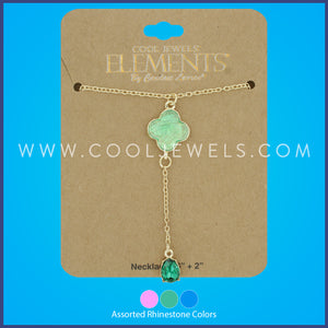 LINK CHAIN NECKLACE WITH IRIDESCENT CLOVER AND TEAR DROP RHINESTONE PENDANT ASSORTED - CARDED
