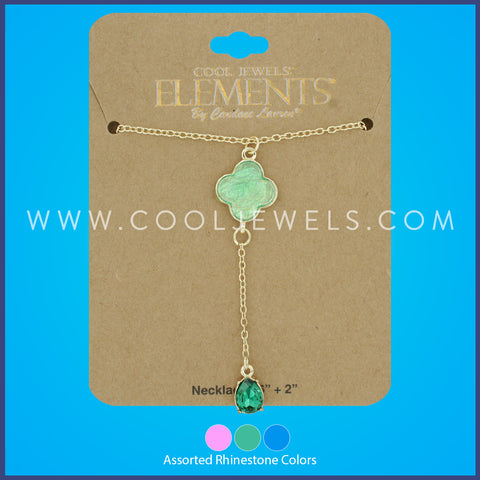 LINK CHAIN NECKLACE WITH IRIDESCENT CLOVER AND TEAR DROP RHINESTONE PENDANT ASSORTED - CARDED