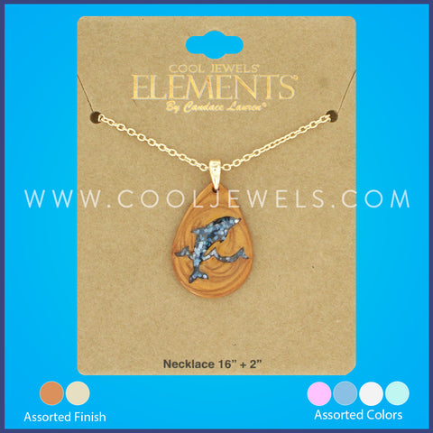 LINK CHAIN NECKLACE WITH FAUX WOOD TEARDROP PENDANT WITH COLORED DOLPHIN ASSORTED - CARD
