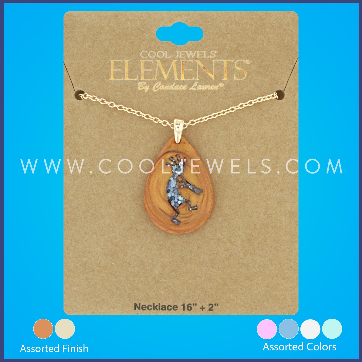 LINK CHAIN NECKLACE WITH FAUX WOOD TEARDROP PENDANT WITH COLORED KOKOPELLI  ASSORTED - CARDED