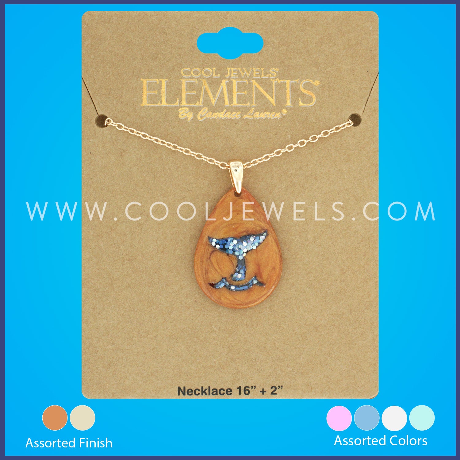 LINK CHAIN NECKLACE WITH FAUX WOOD TEARDROP PENDANT WITH COLORED WHALE TAIL ASSORTED - CARDED