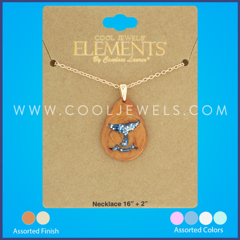 LINK CHAIN NECKLACE WITH FAUX WOOD TEARDROP PENDANT WITH COLORED WHALE TAIL ASSORTED - CARDED