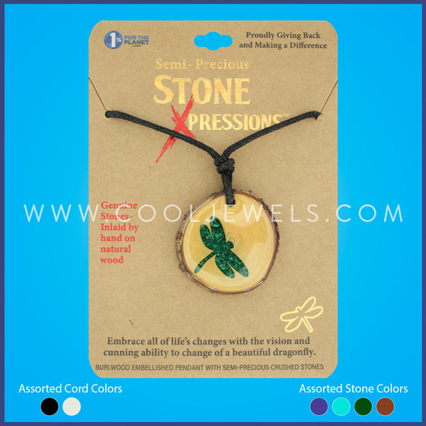 SLIDER CORD NECKALCE WITH WOOD SLICE PENDANT WITH CRUSHED STONE DRAGONFLY - CARDED