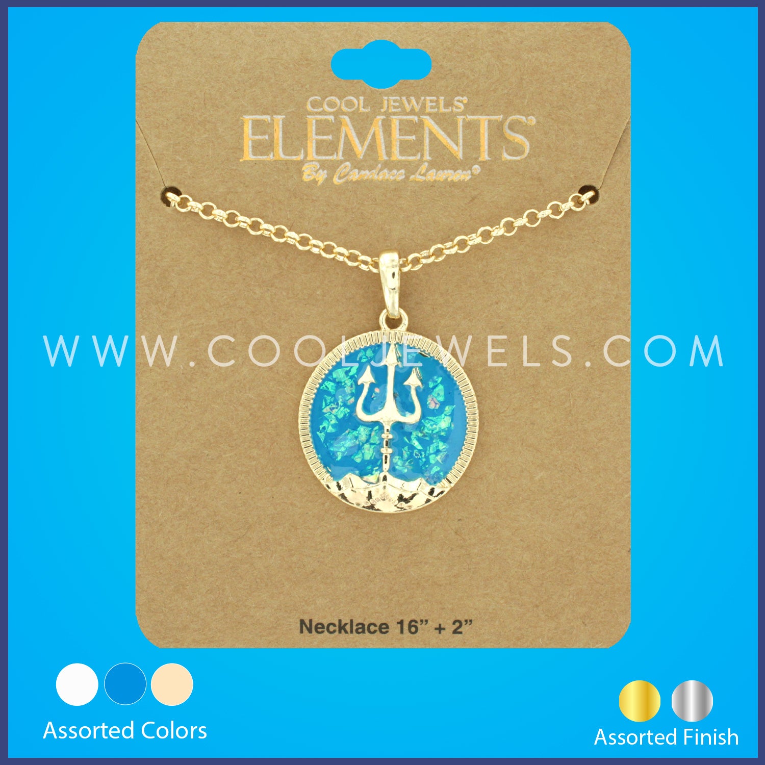 LINK CHAIN NECKLACE WITH ROUND COLORED NEPTUNE TRIDENT PENDANT ASSORTED - CARDED