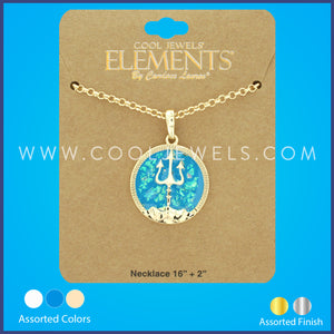 LINK CHAIN NECKLACE WITH ROUND COLORED NEPTUNE TRIDENT PENDANT ASSORTED - CARDED