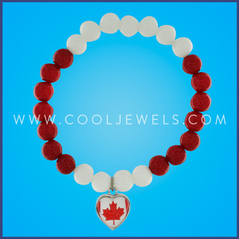 Heart Shaped Maple Leaf Pendant Red & White Beaded Stretch Bracelet