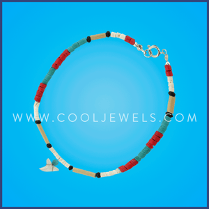 COLOR WOOD BEADED ANKLET WITH TOOTH PENDANT