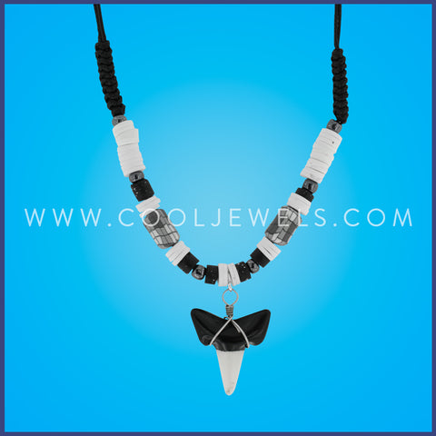 BLACK CORD NECKLACE WITH FIMO TUBES AND IMITATION SHARK TOOTH PENDANT