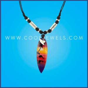SLIDER CORD NECKLACE WITH BEADS, SURFBOARD & SHARK IMITATION TOOTH Comes with assorted shark teeth.