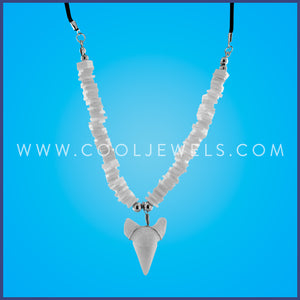 BLACK CORD NECKLACE WITH WHITE FIMO CHIPS AND IMITATION SHARK TOOTH PENDANT  Comes with assorted shark teeth.