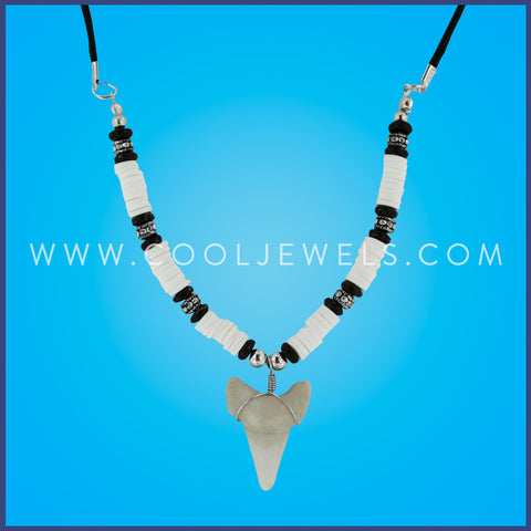 BLACK CORD NECKLACE WITH FIMO & IMITATION SHARK TOOTH PENDANT