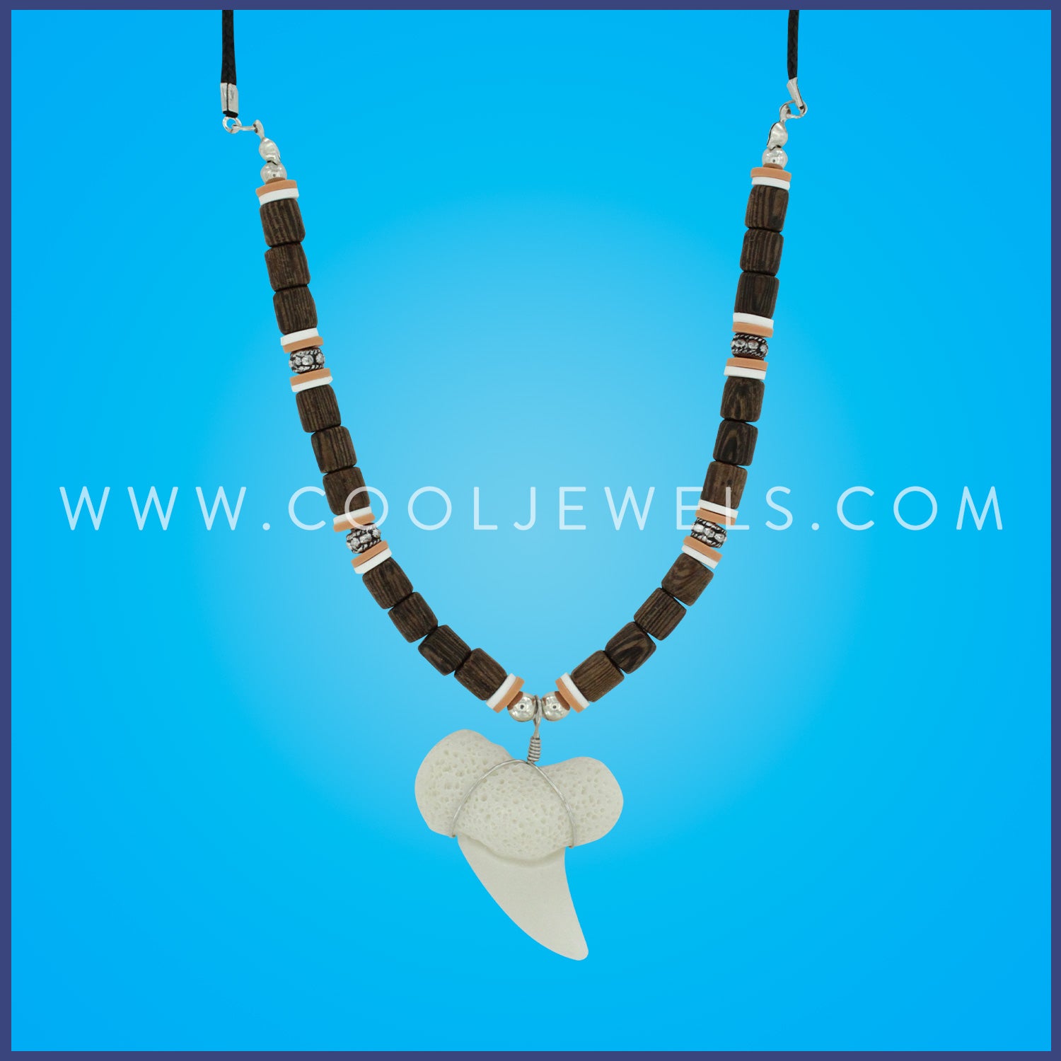 BLACK CORD NECKLACE WITH COCO BEADS, FIMO, & IMITATION SHARK TOOTH PENDANT