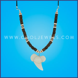 BLACK CORD NECKLACE WITH COCO BEADS, FIMO, & IMITATION SHARK TOOTH PENDANT