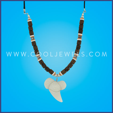 BLACK CORD NECKLACE WITH COCO BEADS, FIMO, & IMITATION SHARK TOOTH PENDANT