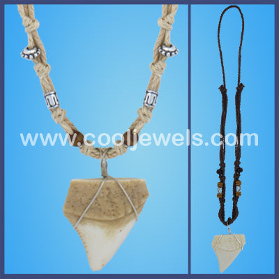 ROPE NECKLACE WITH WOOD & SILVER BEADS, IMITATION SHARK TOOTH PENDANT - ASSORTED COLORS