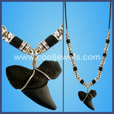 CORD NECKLACE WITH SILVER & BLACK BEADS, IMITATION SHARK TOOTH PENDANT - ASSORTED COLORS