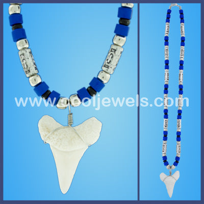 BLUE & SILVER BEADED NECKLACE WITH IMITATION SHARK TOOTH