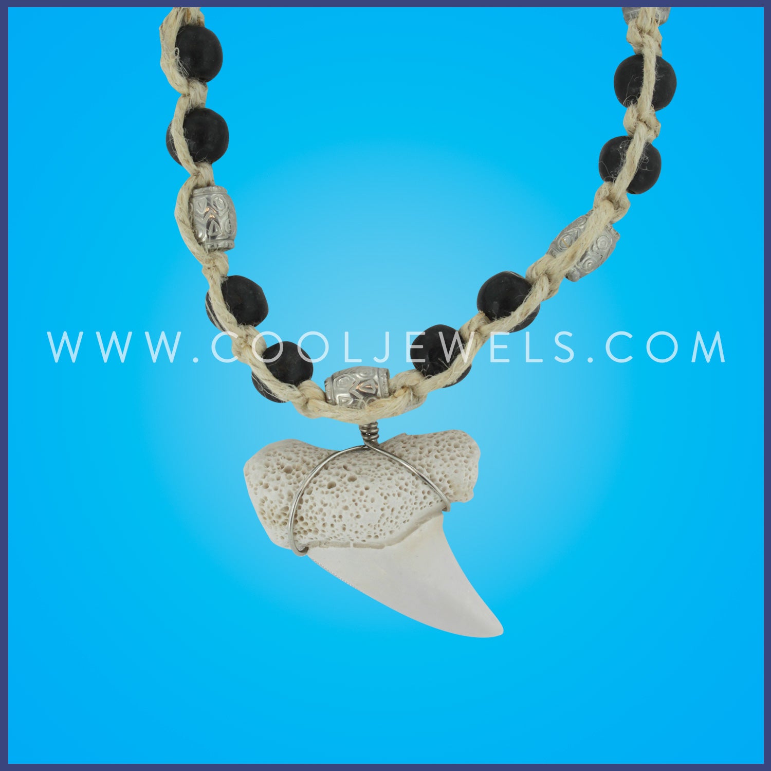 HEMP NECKLACE WITH WOOD BEADS & IMITATION SHARK TOOTH PENDANT - ASSORTED COLORS Comes with assorted shark teeth.