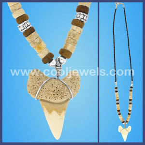 BLACK CORD NECKLACE WITH STONE & IMITATION  SHARK TEETH PENDANT