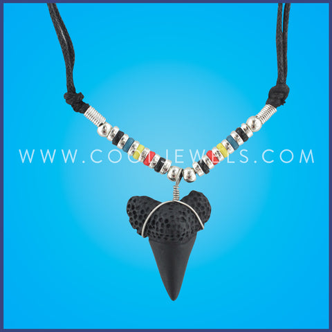BLACK SLIDER CORD NECKLACE WITH BEADS AND BLK IMITATION SHARK TOOTH Comes with assorted shark teeth.