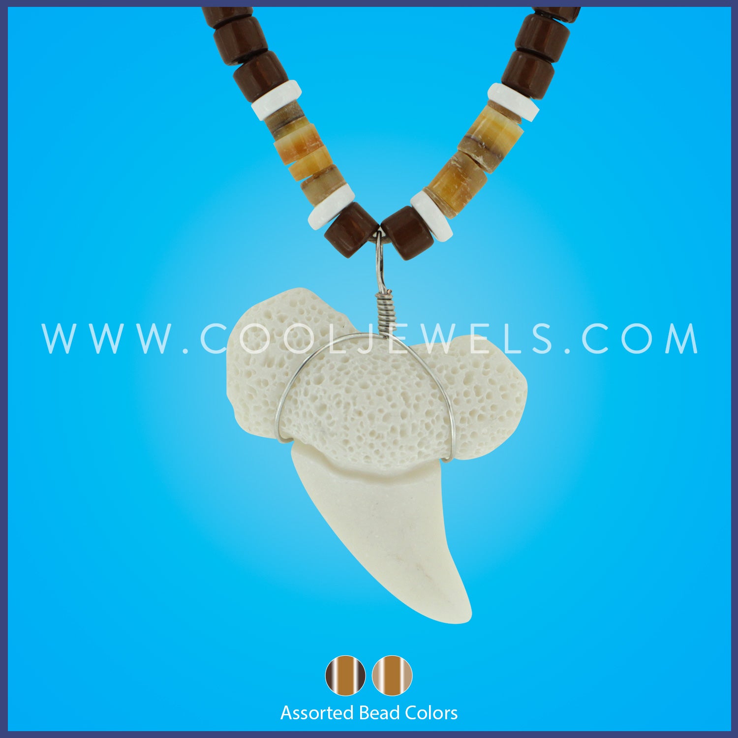 WOOD BEAD & SHELL BEADED NECKLACE WITH IMITATION TOOTH - ASSORTED COLORS